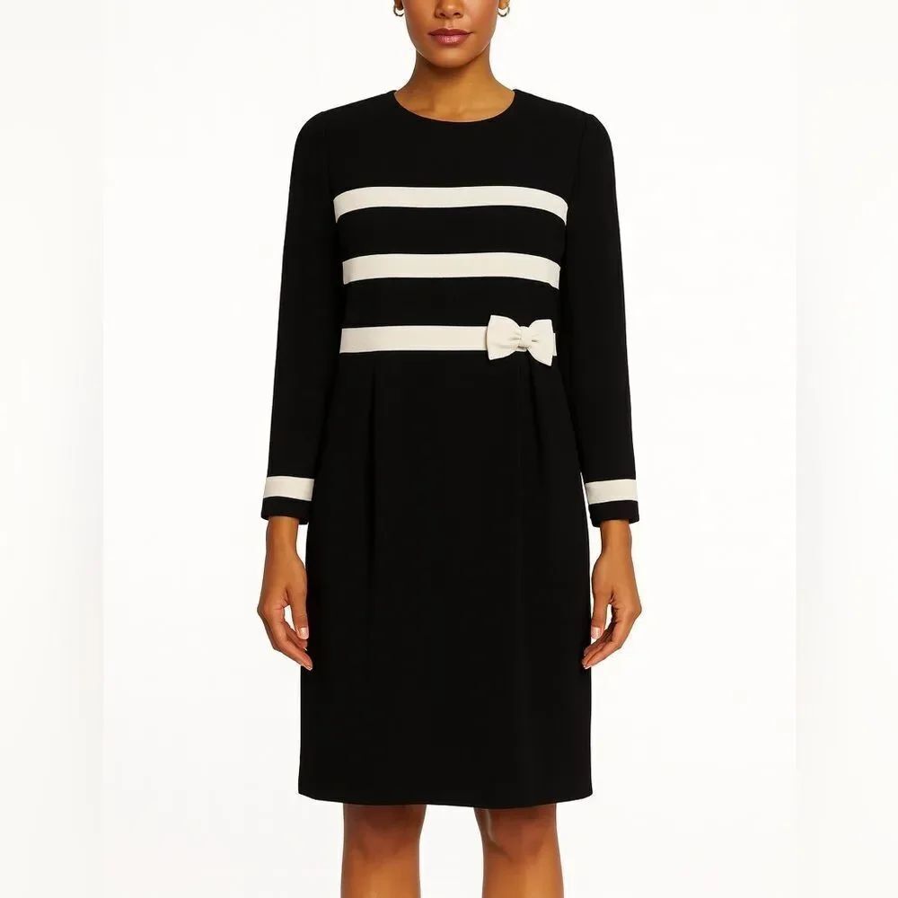 DW3 for David Warren Black & White Bow Sheath Dress Size 4 Long Sleeve